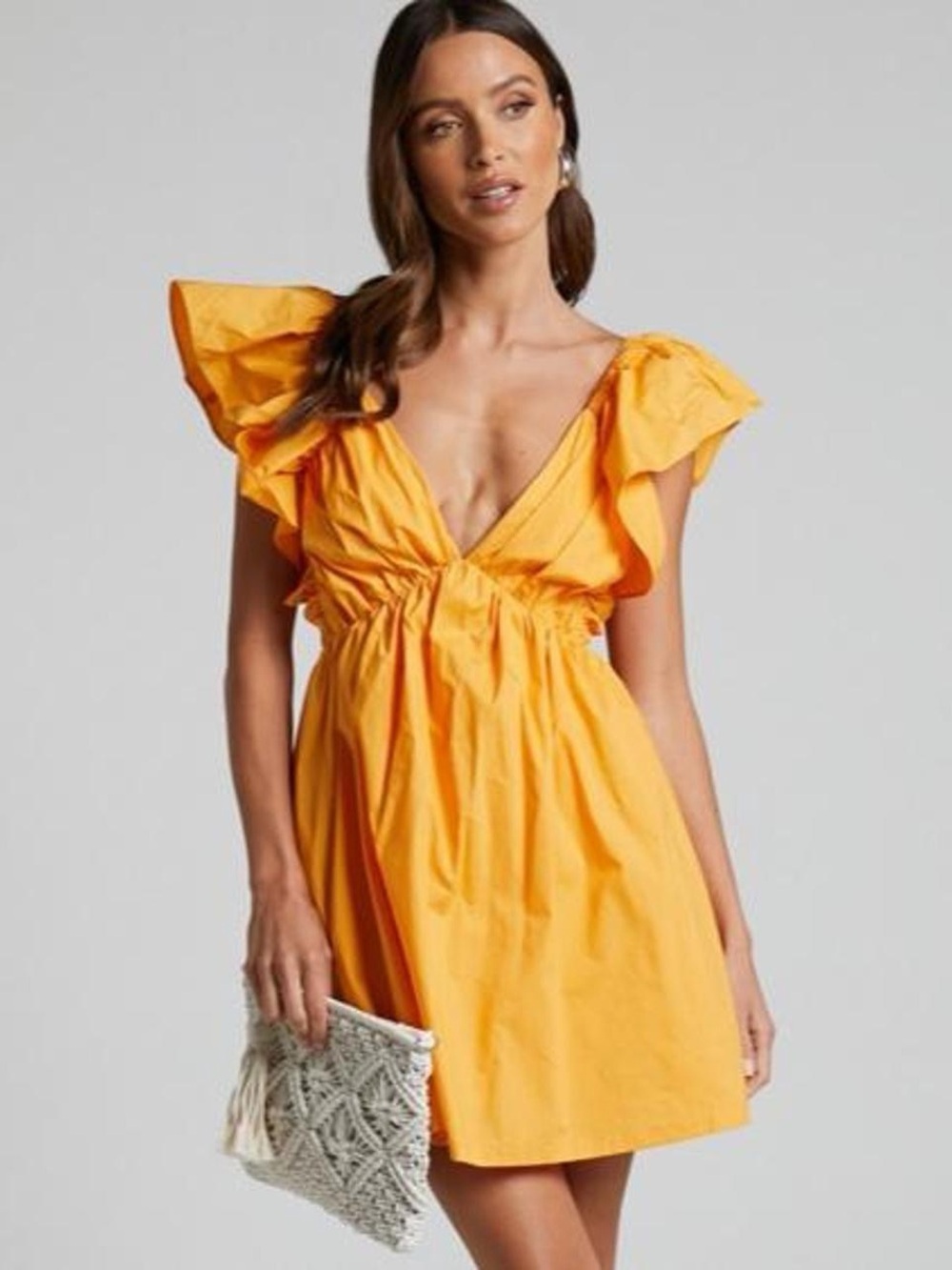 Yellow Flutter-Sleeve V-Neck Mini Dress